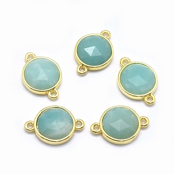Natural Amazonite Links connectors, with Golden Tone Brass Findings, Flat Round, Faceted, 11.5x17x4.5mm, Hole: 1.2mm