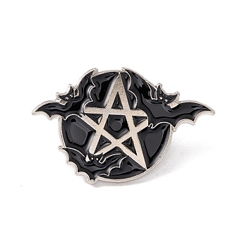 Bat and Pentacle Enamel Pin, Halloween Alloy Badge for Backpack Clothes, Planinum, Black, 20x30x1.5mm, Pin: 1mm