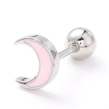 Moon Enamel Stud Earrings, Dainty Brass Earrings for Women, Pink, Platinum, 5.5x6.5x2mm, Pin: 0.7mm