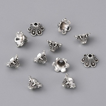 Alloy Bead Cap, 6-Petal, Flower, Antique Silver, 9x5mm, Hole: 1.5mm