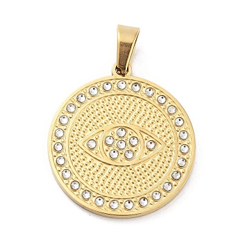 304 Stainless Steel Charms, with Rhinestone and Enamel, Real 18K Gold Plated, Evil Eye Charm, Clear, 27.5x24.5x2mm, Hole: 6.5x4mm