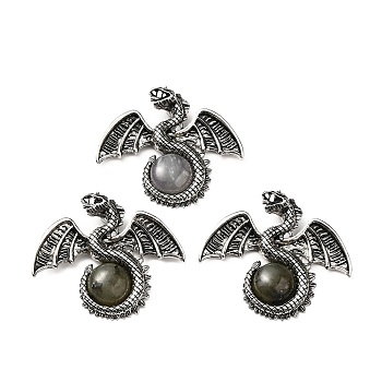 Natural Labradorite Big Pendants, Dragon Charms, with Rack Plating Antique Silver Tone Alloy Findings, Cadmium Free & Lead Free, 49x56x12mm, Hole: 6~6.5mm