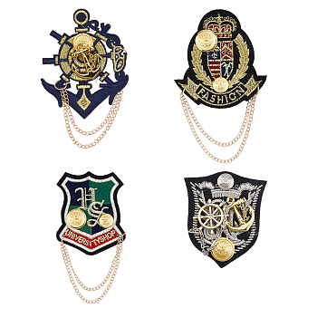 4Pcs 4 Style Anchor & Shield & Word Alloy Brooch Pins, Chain Tassel Badges for Suit Shirt Collar, Platinum & Golden, 71~125mm, Pin: 0.6mm, 1Pc/style