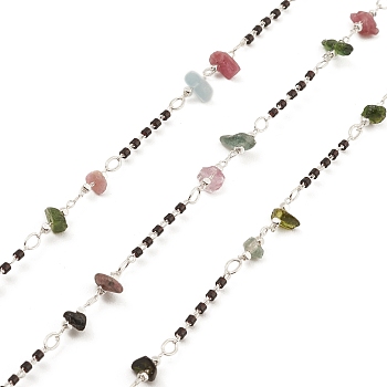 Natural Mixed Gemstone Chips Beaded Chains, with Brass Findings, Unwelded, with Spool, 19x2mm, 3~8x2~3mm