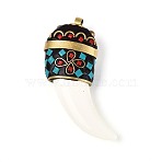 Handmade Indonesia Big Pendants, Tusk Shape Charms, with Resin and Unplated Brass, Floral White, 60~65x24~25x13mm, Hole: 3.5~4x4mm(IPDL-N004-02A-C)