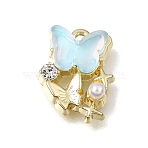 Brass Resin Pendants, Butterfly Charms, with  Plastic Pearl and Rhinestone, Light Gold, 13.5x11x5mm, Hole: 1.3mm(RE-CBAE379-15LG)