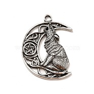 Tibetan Style Alloy Pendants, Moon with Wolf Charm, Antique Silver, 40.5x30x5.5mm, Hole: 3.1mm(PALLOY-B008-03AS)
