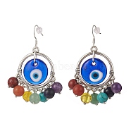 Handmade Evil Eye Lampwork  Earrings, 7 Chakra Mixed Gemstone Bead Earrings, with 304 Stainless Steel French Earring Hooks, Silver Plated Color, Mixed Color, 61mm, Pendant: 45x39x15mm, Pin: 0.7mm(EJEW-JE05125)