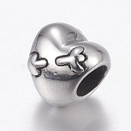 304 Stainless Steel European Beads, Large Hole Beads, Heart, Antique Silver, 11x11x10mm, Hole: 5mm(STAS-P173-143AS)