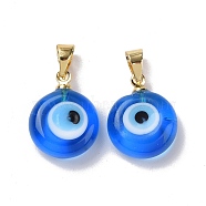 Handmade Lampwork Evil Eye Pendants, with Real 18K Gold Plated Brass Findings, Cadmium Free & Lead Free, Cornflower Blue, 15x12x5mm, Hole: 4.5x3.5mm(LAMP-P057-01G-01)