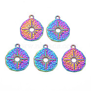 201 Stainless Steel Pendants, Flat Round with Star, Rainbow Color, 23x19x1.5mm, Hole: 2mm(STAS-S119-047)