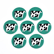 Acrylic Pendants, 3D Printed, Flat Round with Dairy Cattle Pattern, Green & Black & White, 45x2.5mm, Hole: 1.8mm(X-KY-S163-172)
