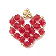 Glass Beaded Pendants, with Brass Findings, Heart Charms, Red, 25.5x21x4mm, Hole: 2mm(PALLOY-TA00034)