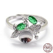 Adjustable Rhodium Plated 925 Sterling Silver Finger Ring Components, with Cubic Zirconia, Green & Clear, Platinum, Size: 7, 17mm, Tray: 6mm(STER-I016-040P)