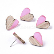 Transparent Resin & Wood Stud Earrings, with 304 Stainless Steel Pin, Heart, Pearl Pink, 15x14~15mm, Pin: 0.7mm(EJEW-N017-002A-D05)