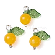 Natural Dyed White Jade Fruit Charms, with Acrylic Leaf and Platinum Plated Brass Loops, Gold, 13x12x6mm, Hole: 2mm(PALLOY-JF02431-01)
