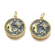 Brass Micro Pave Clear Cubic Zirconia Pendants, Long-Lasting Plated, with Jump Rings & Black Enamel, Flat Round with Moon & Star, Real 18K Gold Plated, 18x16x2.6mm, Hole: 3.3mm(ZIRC-B0003-28G)