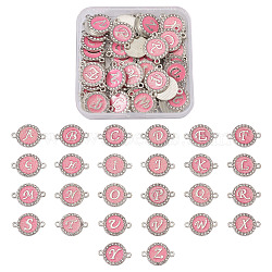 Alloy Enamel Links Connectors, with Crystal Rhinestones, Flat Round with Letter, Pink, 22x16x2mm, Hole: 1.8mm, 52pcs/box(ENAM-TA0002-15A)