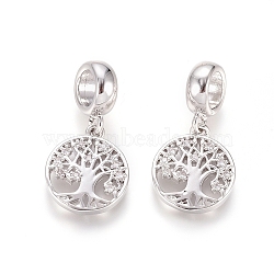 Brass Micro Pave Clear Cubic Zirconia European Dangle Charms, Large Hole Pendants, Flat Round with Tree of Life, Platinum, 23mm, Hole: 5mm, Flat Round: 14x12x2mm(OPDL-L016-10P)