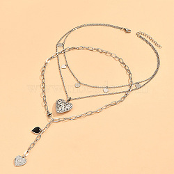 2Pcs Heart Brass Black Enamel Pendant 3 Layer Necklaces for Women, Platinum, 15.75 inch(40cm)(FS-WGFF7B3-01)