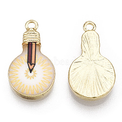 Printed Alloy Enamel Pendants, Lead Free & Nickel Free & Cadmium Free, Light Gold, Light Bulb Charm, Pencil Pattern, 22x12x2.5mm, Hole: 1.8mm(ENAM-N056-178-08)