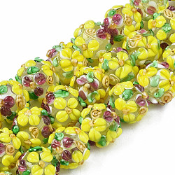 Handmade Lampwork Beads Strands, Bumpy, Round with Flower, Yellow, 12~13x11~12mm, Hole: 1mm, about 45pcs/strand, 19.29 inch(49cm)(LAMP-N021-015A-08)