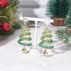 Brass Glass Dangle Stud Earrings, Christmas Tree, with 304 Stainless Steel & Eco-Friendly Copper Wire & 201 Stainless Steel, Golden, 62x25mm(EJEW-TA00738)