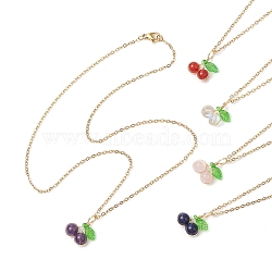 Natural Lapis Lazuli/Carnelian/Rose Quartz/Amethyst/Synthetic Moonstone Cherry Pendant Necklaces, 304 Stainless Steel Cable Chain Necklaces for Women, Golden, 17.68 inch(44.9cm)(NJEW-JN05151)