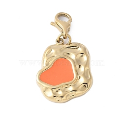 Rectangle with Heart 304 Stainless Steel Enamel Pendant Decoration, with Lobster Claw Clasps, PVD Vacuum Plating, Real 18K Gold Plated, Coral, 28mm, Pendant: 19.5x15.5x3mm(STAS-S165-01B-G)