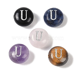 Natural Mixed Gemstone Beads, Flat Round with Letter, Letter U, 8.5~9x5~5.5mm, Hole: 1.2mm(G-L524-20U)