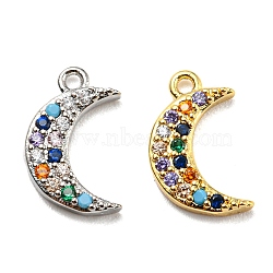 Brass Cubic Zirconia Charms, with Enamel, Moon, Colorful, Mixed Color, 13.5x8x2mm, Hole: 1mm(KK-O119-08)