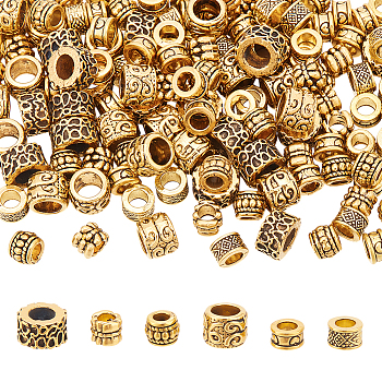 7 Styles Tibetan Style Alloy Beads, Cadmium Free & Lead Free, Column, Antique Golden, 6.5~11.5x4.5~7.5mm, Hole: 4~6.5mm