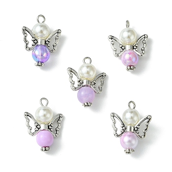 Imitation Pearl Acrylic Pendants, with Alloy Wings and Glass Beads, Angel, Lavender Blush, 23x18x3mm, Hole: 3mm