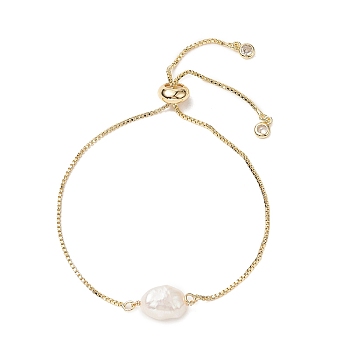 Oval Natural Pearl Beaded Slider Bracelet, Brass Jewelry for Women, Golden, Inner Diameter: 3/8~2-1/2 inch(1~6.4cm)