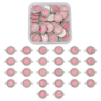Alloy Enamel Links Connectors, with Crystal Rhinestones, Flat Round with Letter, Pink, 22x16x2mm, Hole: 1.8mm, 52pcs/box
