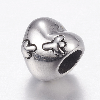 304 Stainless Steel European Beads, Large Hole Beads, Heart, Antique Silver, 11x11x10mm, Hole: 5mm