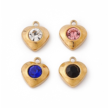 304 Stainless Steel Pendants, with Rhinestone, Heart, Golden, Mixed Color, 10.5x9.5x4mm, Hole: 1.4mm