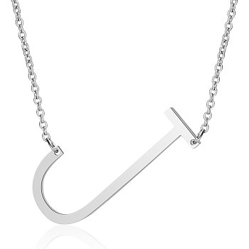 201 Stainless Steel Initial Pendants Necklaces, with Cable Chains, Letter, Letter.J, 17.3~18.3 inch(44~46.5cm)x1.5mm, LetterJ: 37x20x1mm
