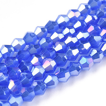 Imitation Jade Electroplate Glass Beads Strands, AB Color Plated, Faceted, Bicone, Royal Blue, 2.9~3.3x2.5mm, Hole: 0.7mm, about 145~150pcs/strand, 16.34~16.54 inch(41.5~42cm)