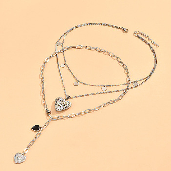 2Pcs Heart Brass Black Enamel Pendant 3 Layer Necklaces for Women, Platinum, 15.75 inch(40cm)