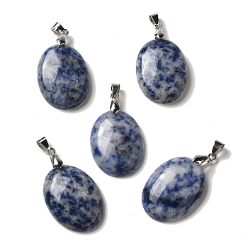Natural Blue Spot Jasper Pendants, Oval Charms with Rack Plating Platinum Plated Brass Snap on Bails, 30x21.5~22x6~6.5mm, Hole: 6x4mm