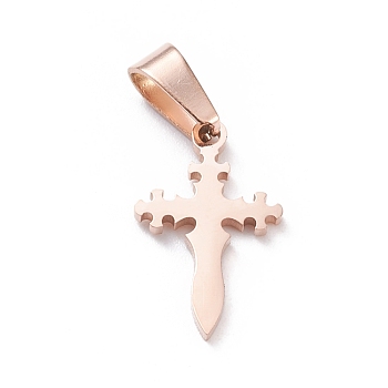 Ion Plating(IP) 304 Stainless Steel Pendants, Laser Cut, Cross, Rose Gold, 19x12x1.5mm, Hole: 3.5x7mm