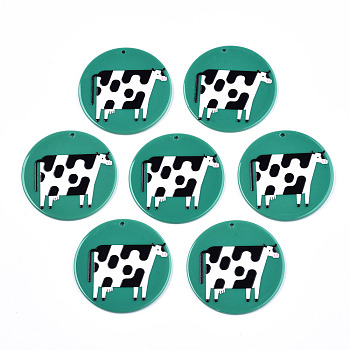 Acrylic Pendants, 3D Printed, Flat Round with Dairy Cattle Pattern, Green & Black & White, 45x2.5mm, Hole: 1.8mm