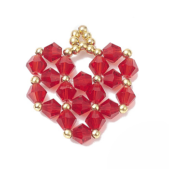 Glass Beaded Pendants, with Brass Findings, Heart Charms, Red, 25.5x21x4mm, Hole: 2mm