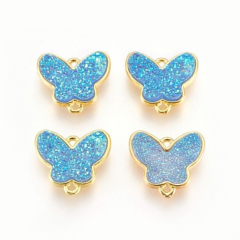 Brass Links connectors, with Druzy Resin, Butterfly, Golden, Cyan, 14.5x16x4mm, Hole: 1.2mm