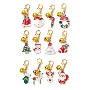 Christmas Alloy Enamel Pendants Decorations, with Alloy Lobster Claw Clasps and Brass Bell Charm, Mixed Shapes, Mixed Color, 33~40mm, 12pcs/set