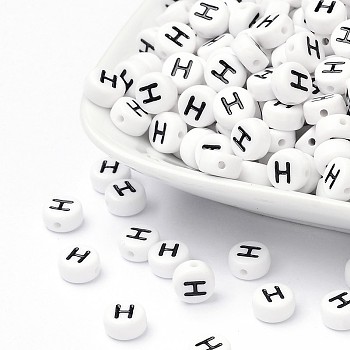 Acrylic Beads, with Horizontal Hole, Letter, Flat Round, Letter.H, 7x4mm, Hole: 1mm, about 146pcs/20g