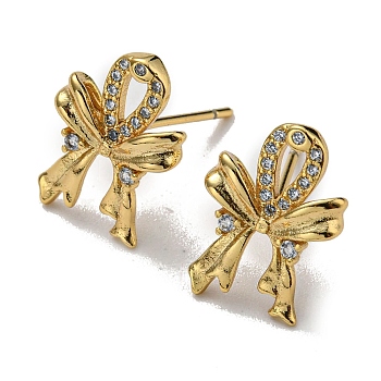 Rack Plating Brass Bowknot Stud Earrings with Cubic Zirconia, Lead Free & Cadmium Free, Real 18K Gold Plated, 14.5x10mm