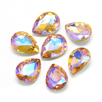 Pointed Back Glass Rhinestone Cabochons, Back Plated, Faceted, AB Color Plated, teardrop, Gold, 14x10x5mm