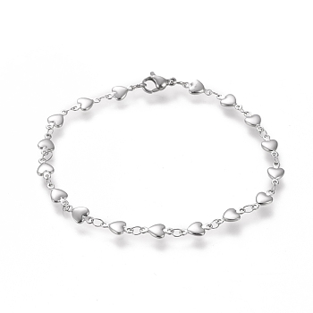304 Stainless Steel Link Chain Bracelets, with Lobster Claw Clasps, Heart, Stainless Steel Color, 21.4cm(8-3/8 inch)